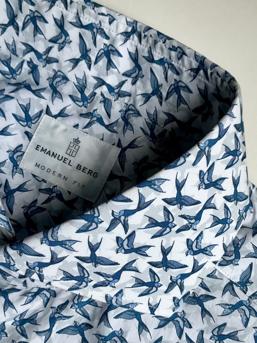 Emanuel Berg blue bird motifs on white cotton shirt Sz 16~40 made in Poland 🇵🇱